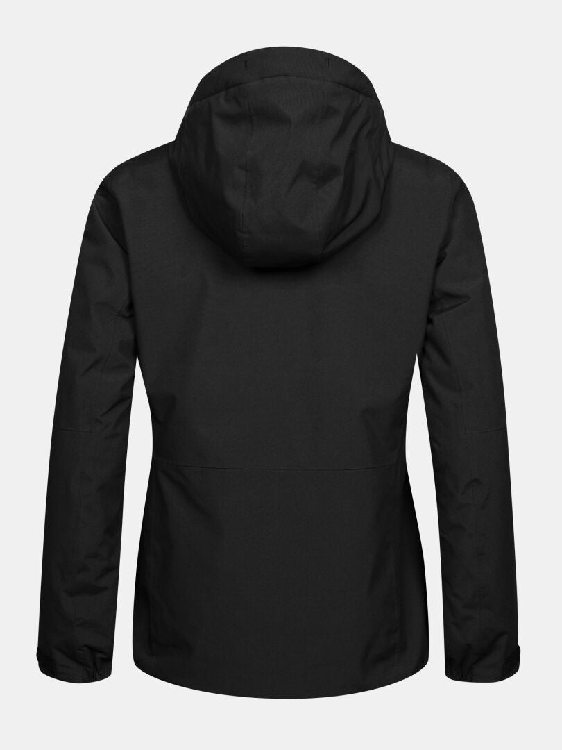 Rückansicht einer schwarzen, isolierten Halti Melvik DX Skijacke für Damen mit Kapuze.