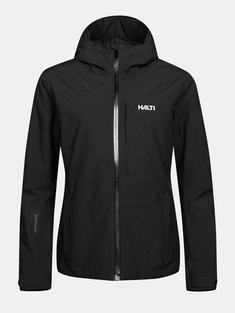 Schwarze Halti Melvik DX Skijacke für Damen mit Kapuze, Frontreißverschluss und Brusttasche.