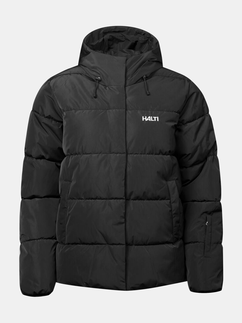 Halti Ascloud Puffer-Skijacke für Damen: Kapuze, Reißverschluss vorne, Logo und warme Microtherm-Isolierung vor einfarbigem Hintergrund.