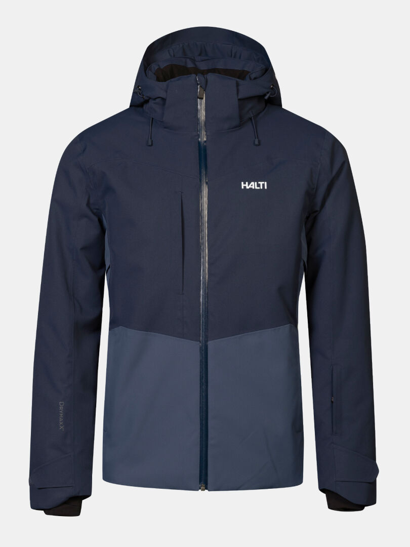 Halti Recier DX Skijacke für Herren – zweifarbige, dunkelblaue, wasserdichte Jacke mit Kapuze, Reißverschluss vorne und Brusttasche.
