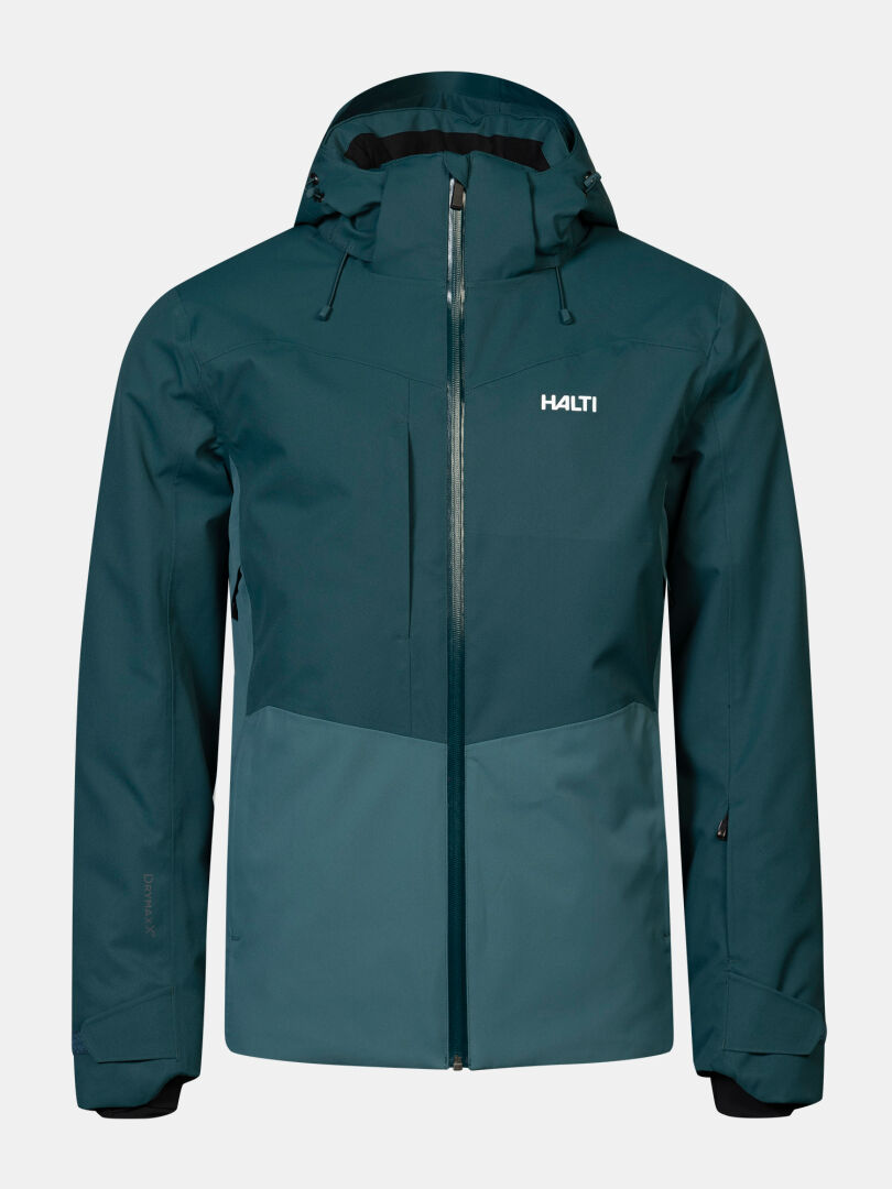 Wasserdichte Halti Recier DX Skijacke für Herren in den Farben Teal und Dunkel-Teal mit Kapuze und Frontreißverschluss.