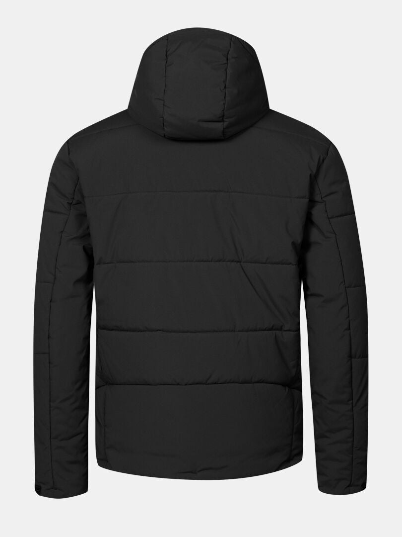 Die Halti Ascale II Puffer-Skijacke für Herren in Schwarz ist hier von hinten zu sehen, mit Kapuze, DrymaxX und Ziernähten.