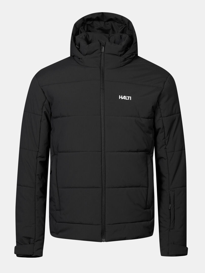Halti Ascale II Puffer-Skijacke für Herren: schwarz, Kapuze, Reißverschluss vorne, wasserabweisende Microtherm-Isolierung.