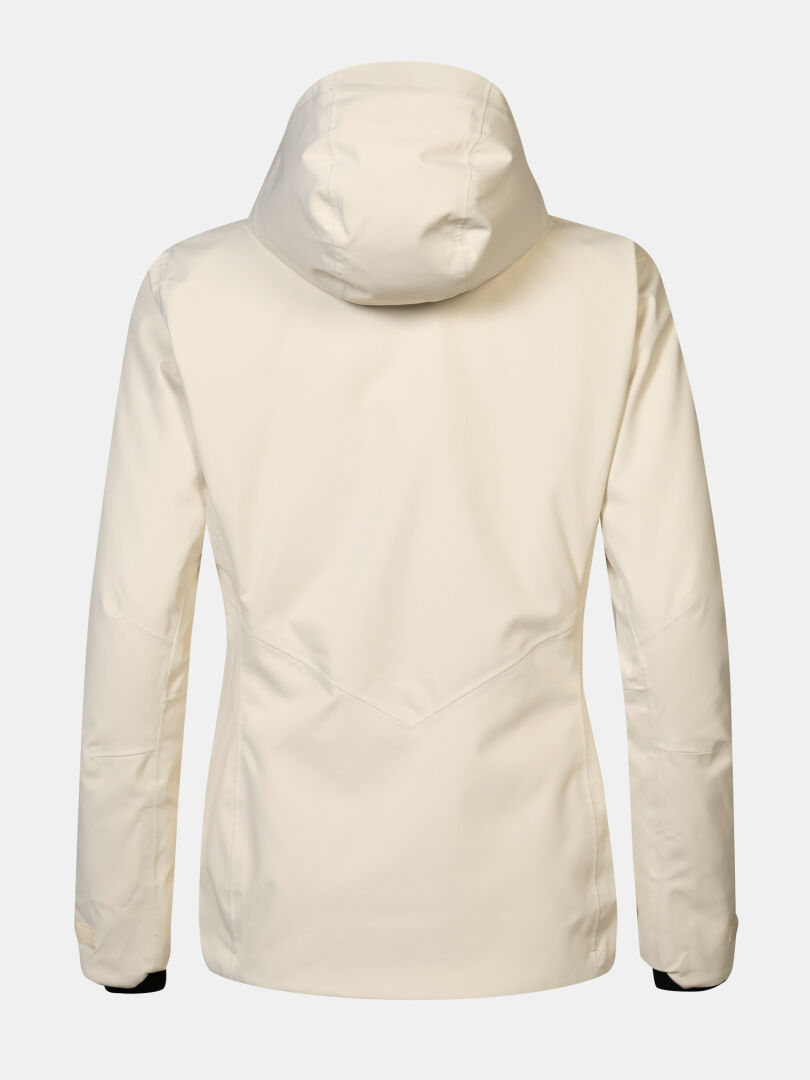 Rückansicht einer beigen, wasserdichten Halti Recier DX Skijacke Damen mit Kapuze.