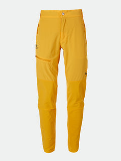 Ein Paar Halti Pallas Damen X-stretch Lite Hose in leuchtendem Gelb mit Reißverschlusstaschen, abgebildet auf einem weißen Hintergrund.