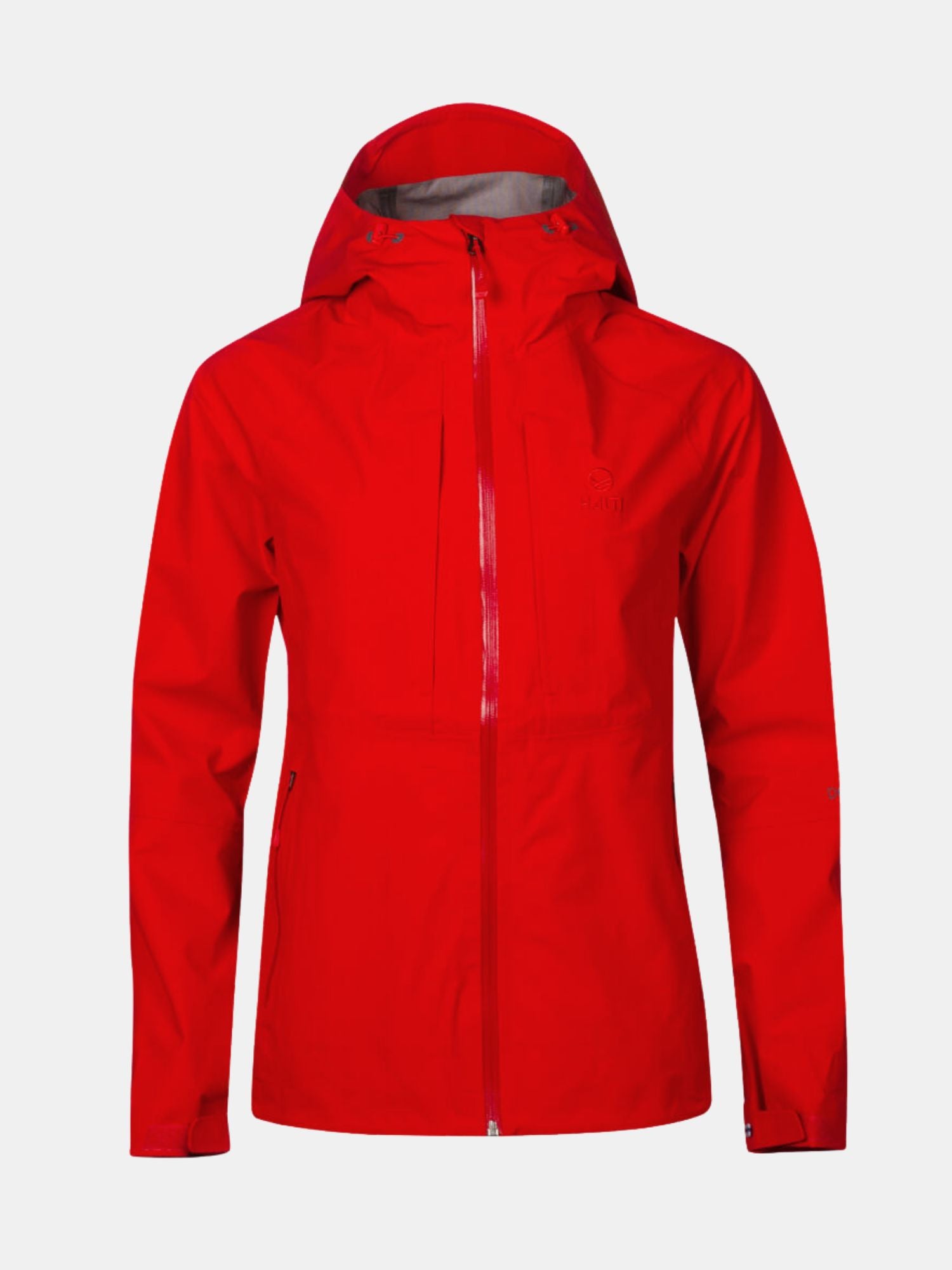 Die Halti Kaarna Damen DrymaxX 3L Regenjacke in leuchtendem Rot hat einen Frontreißverschluss, zwei Taschen und lange Ärmel.