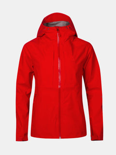 Die Halti Kaarna Damen DrymaxX 3L Regenjacke in leuchtendem Rot hat einen Frontreißverschluss, zwei Taschen und lange Ärmel.