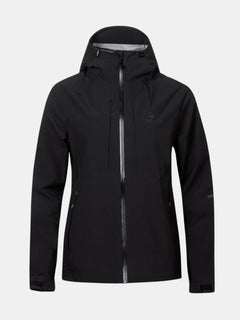 Die Halti Kaarna Damen DrymaxX 3L Regenjacke ist eine schwarze Kapuzenjacke mit Frontreißverschluss und zwei Seitentaschen mit Reißverschluss.