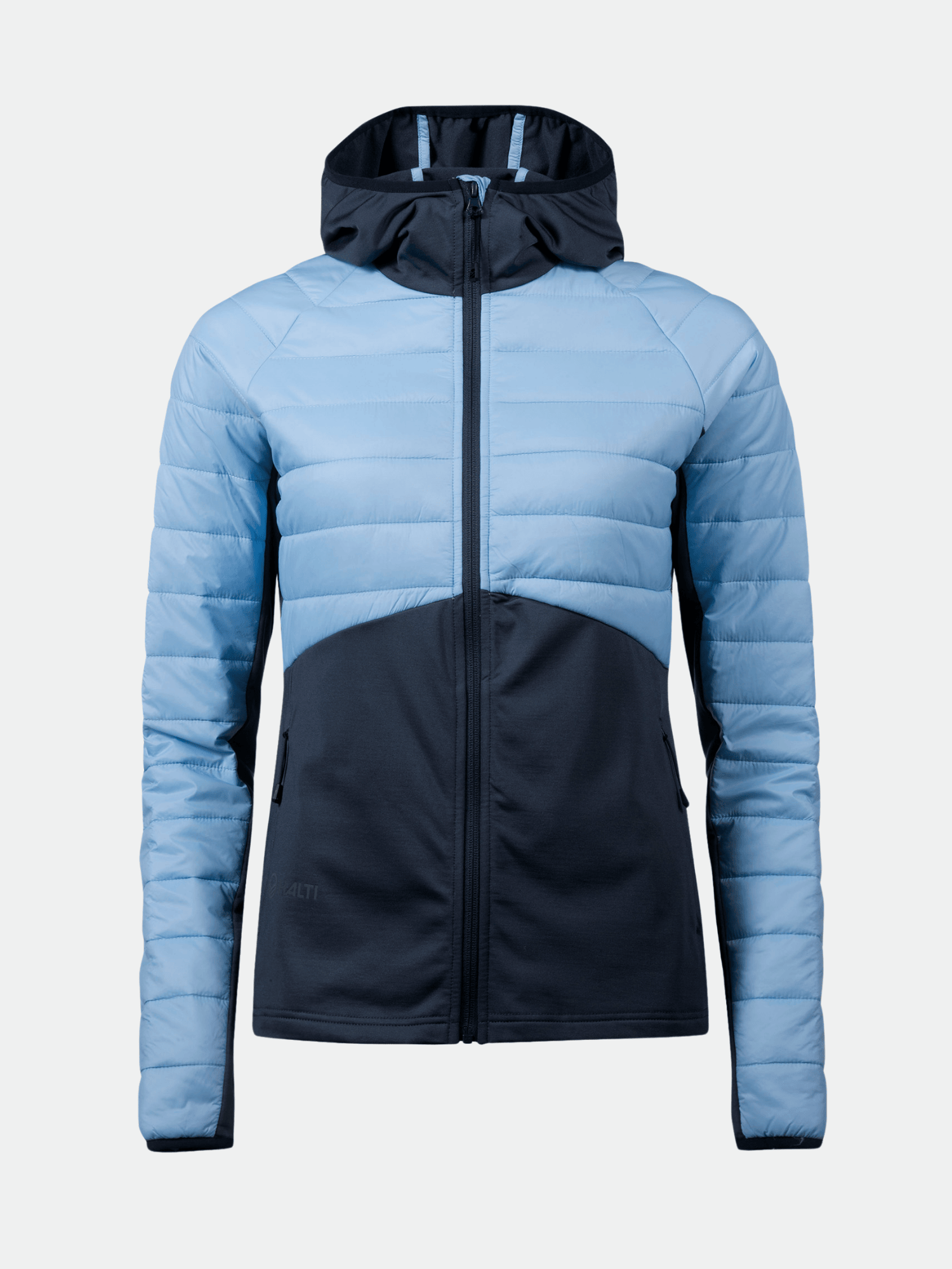 Halti Veidnes Damen Midlayer Jacke in hellblau/navy mit Frontreißverschluss und Seitentaschen, ideal für Outdoor-Aktivitäten.