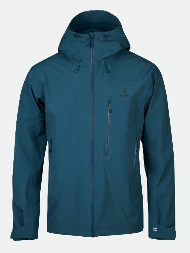 Halti Juonto DrymaxX Herren Regenjacke in teal mit Kapuze, Reißverschlusstaschen und kleinem Logo auf der Brust.