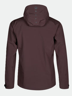 Die Halti Juonto DrymaxX Herren Regenjacke in kastanienbraun, von hinten gesehen, hat ein Logo und Text auf der Kapuze.