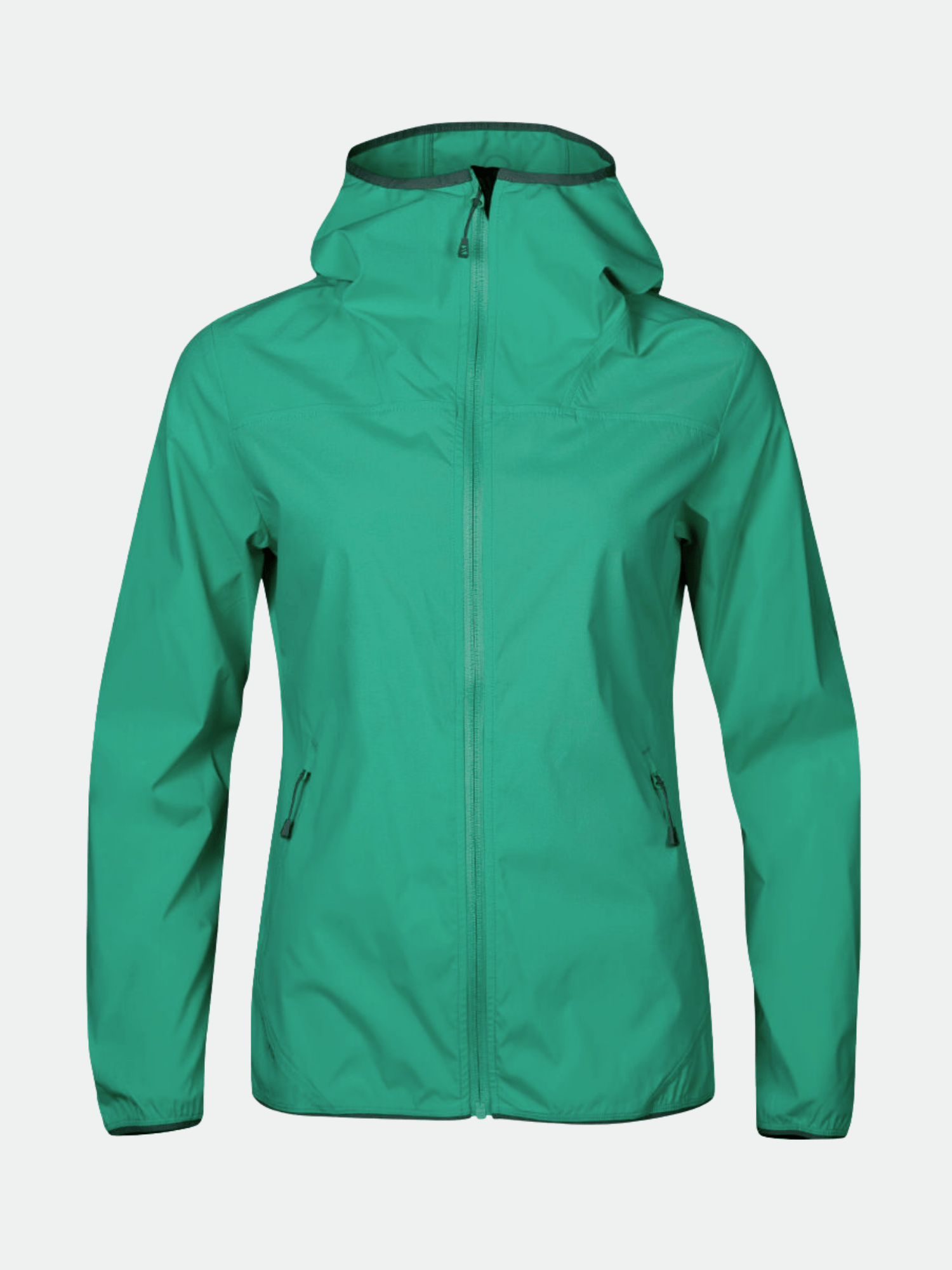 Die Halti Pallas Damen Lite X-stretch Jacke in grün hat eine Kapuze, einen Frontreißverschluss und zwei Reißverschlusstaschen.