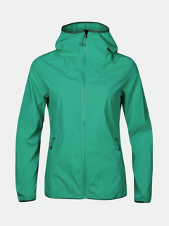 Die Halti Pallas Damen Lite X-stretch Jacke in grün hat eine Kapuze, einen Frontreißverschluss und zwei Reißverschlusstaschen.