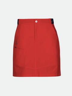 Der Halti Pallas Damen Lite X-stretch Rock in Rot hat einen Knopf auf der Vorderseite, eine Seitentasche und ein dezentes Logo - perfekt für den Einsatz im Freien.