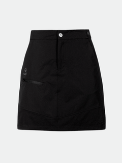 Der Halti Pallas Damen Lite X-stretch Rock ist ein schwarzer, knielanger Skort mit Knopfleiste, Reißverschluss und rechter Tasche.