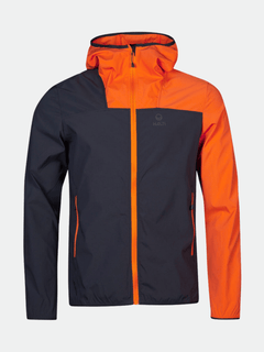 Halti Pallas Herren Lite X-stretch Jacke: Kapuze/Brustkorb in leuchtendem Orange, Ärmel/Körper in Marineblau, Reißverschluss vorne.