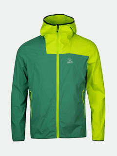 Halti Pallas Herren Lite X-stretch Jacke in grün/gelb mit Frontreißverschluss, zwei Taschen und Brustlogo.