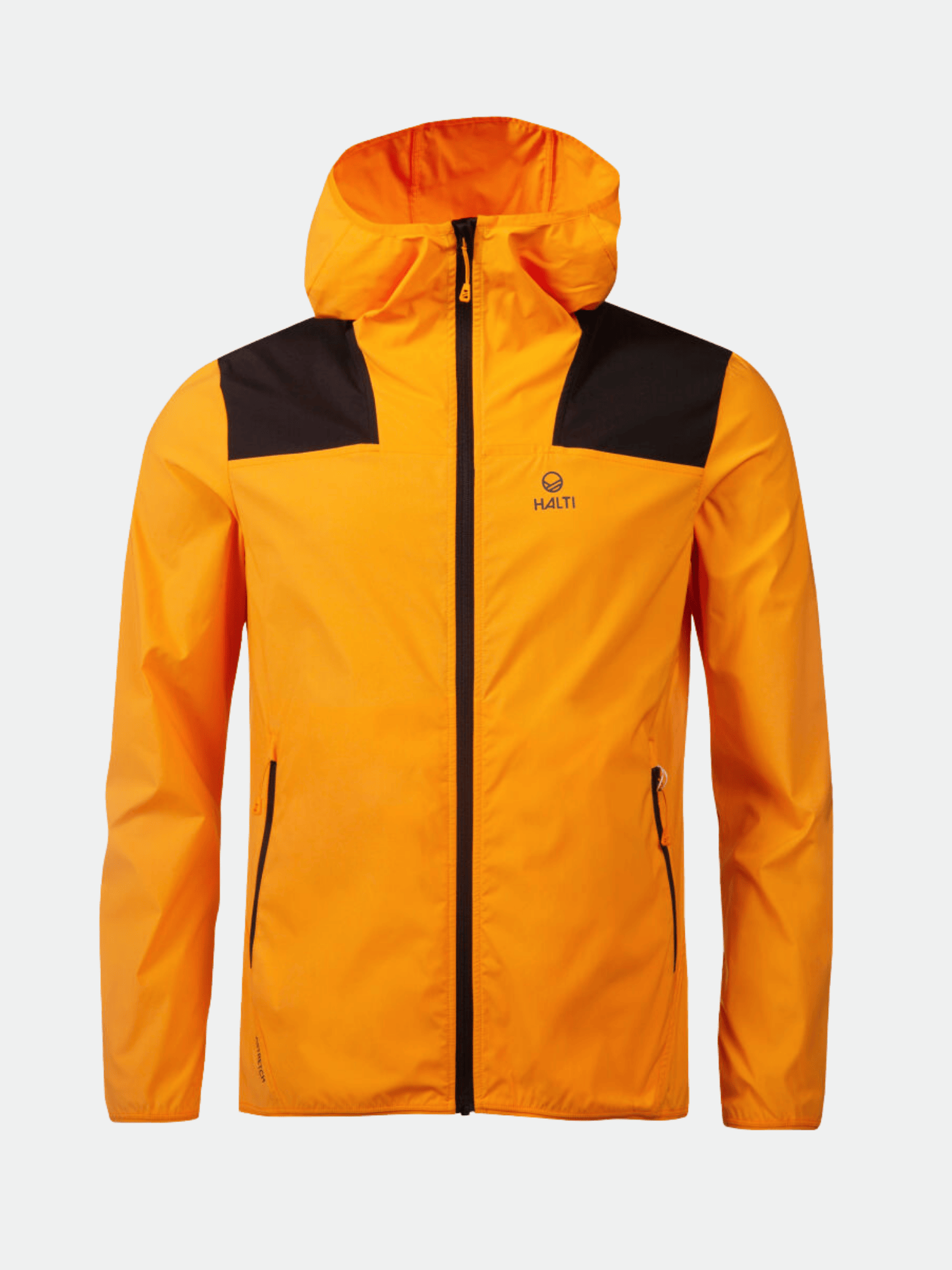 Halti Pallas Herren Lite X-stretch Jacke, leuchtend orange mit schwarzen Schultern, Reißverschluss und zwei Reißverschlusstaschen vorne.