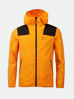 Halti Pallas Herren Lite X-stretch Jacke, leuchtend orange mit schwarzen Schultern, Reißverschluss und zwei Reißverschlusstaschen vorne.