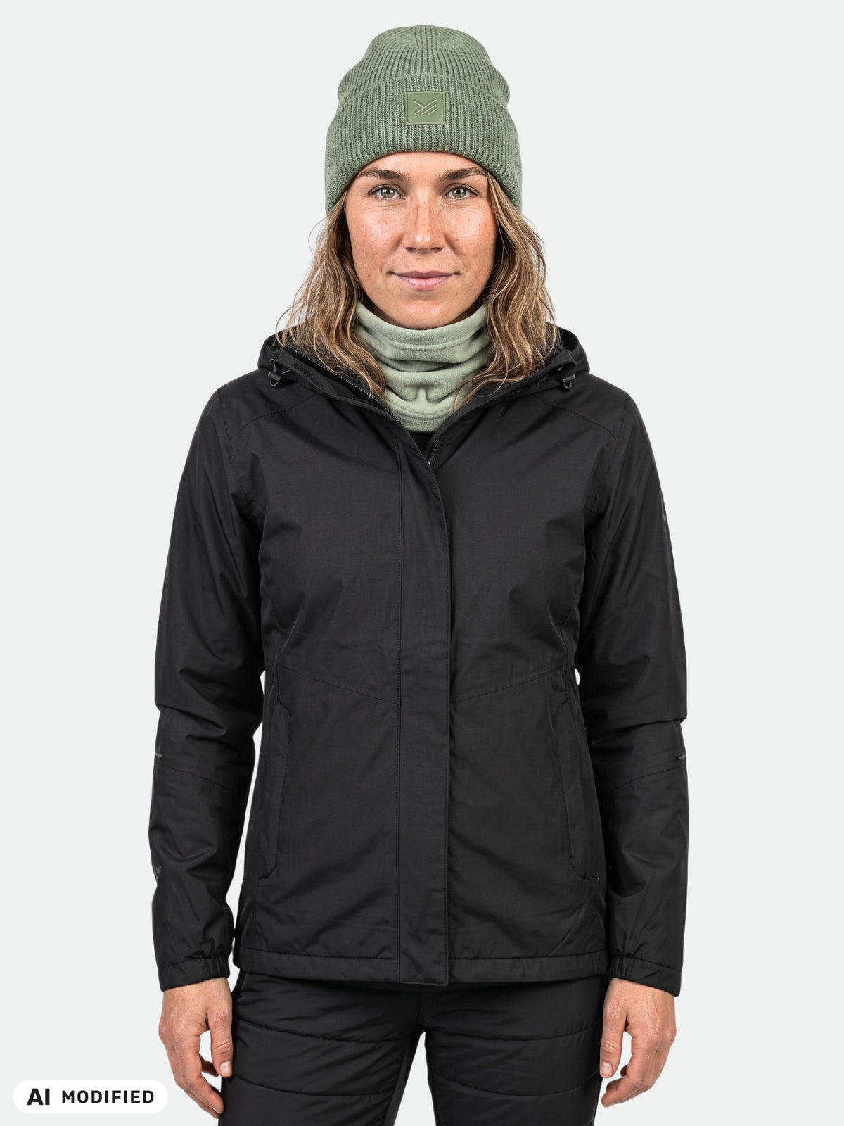 Eine Person, die eine schwarze Halti Fort Damen Warm Regenjacke mit Kapuze, eine salbeigrüne Mütze und einen dazu passenden Halswärmer trägt.