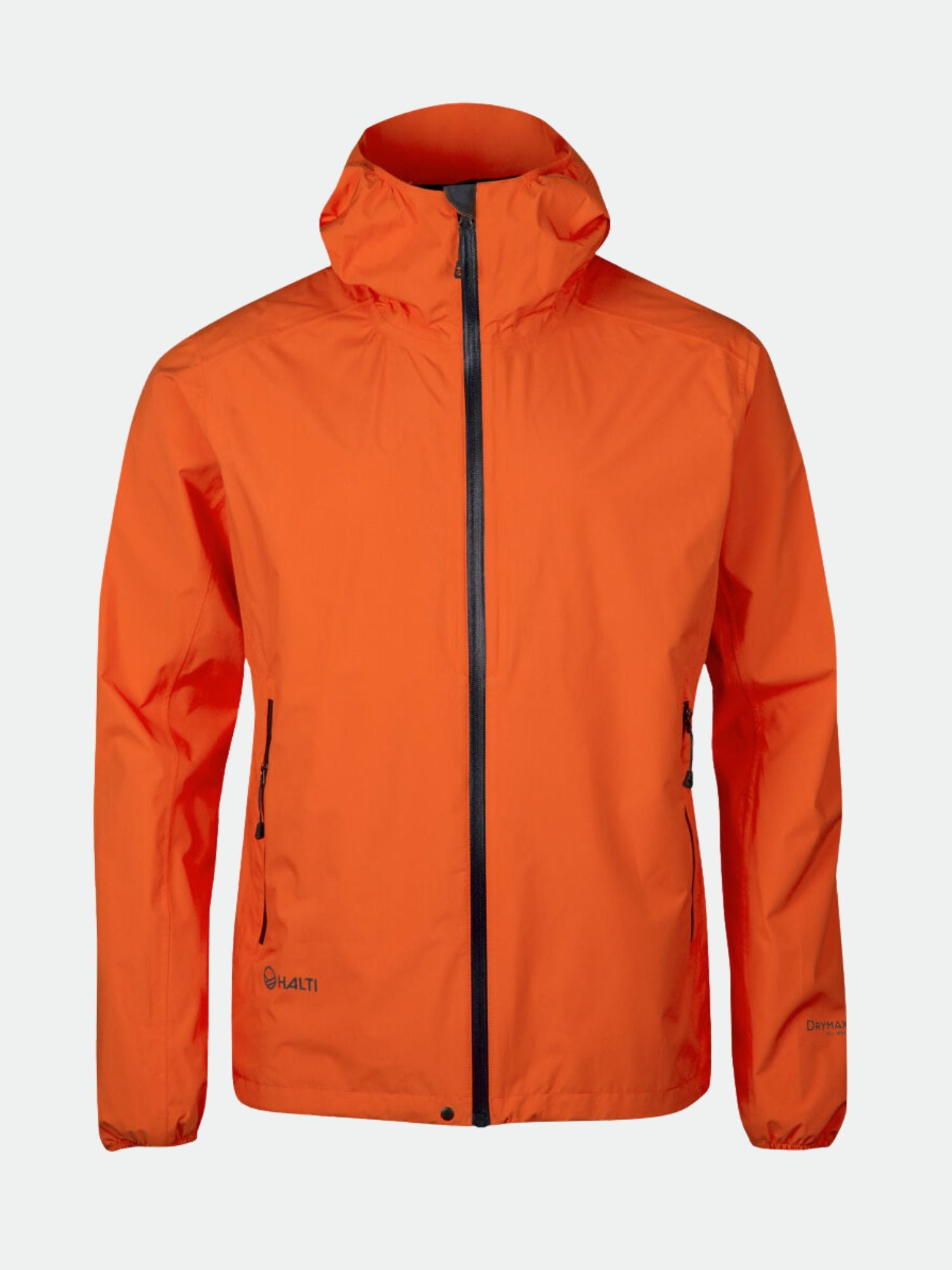 Die Halti Lastu II Herren DrymaxX 2,5L Regenjacke in Orange mit Reißverschluss und Reißverschlusstaschen, perfekt für Outdoor-Aktivitäten.