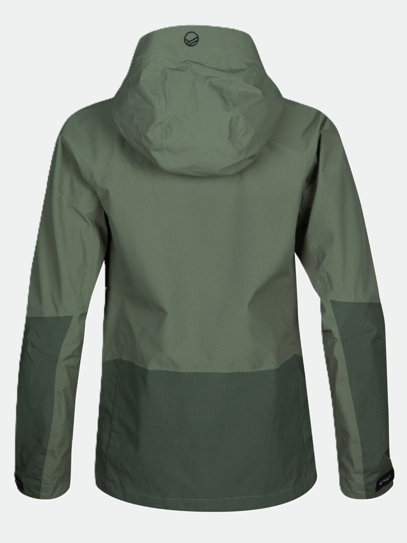 Eine Halti Hiker DrymaxX 3L Ventilated Jacke Damen in grün, gezeigt von hinten mit dunkelgrüner unterer Hälfte und Ärmeln.
