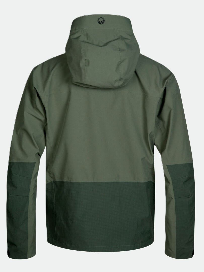 Die Halti Hiker DrymaxX 3L Ventilated Jacke Herren in grün mit dunkleren Akzenten an Rücken und Ärmeln, hier von hinten.