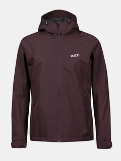 Die Halti Forter DX Regenjacke Damen ist eine dunkelviolette, wasserdichte Shell mit Reißverschlüssen und Logo für Outdoor-Aktivitäten.