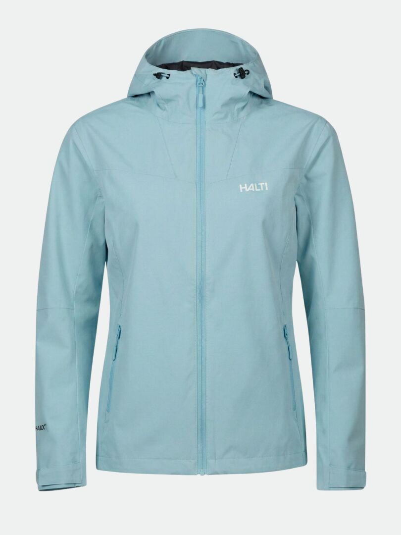 Halti Forter DX Regenjacke Damen, hellblau, wasserdicht mit Kapuze und Taschen - ideal für Outdoor-Aktivitäten.