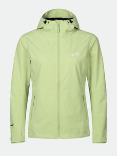 Die Halti Forter DX Damen Regenjacke ist hellgrün, wasserdicht, mit Reißverschlusstaschen und Logos auf Brust und Handgelenk.