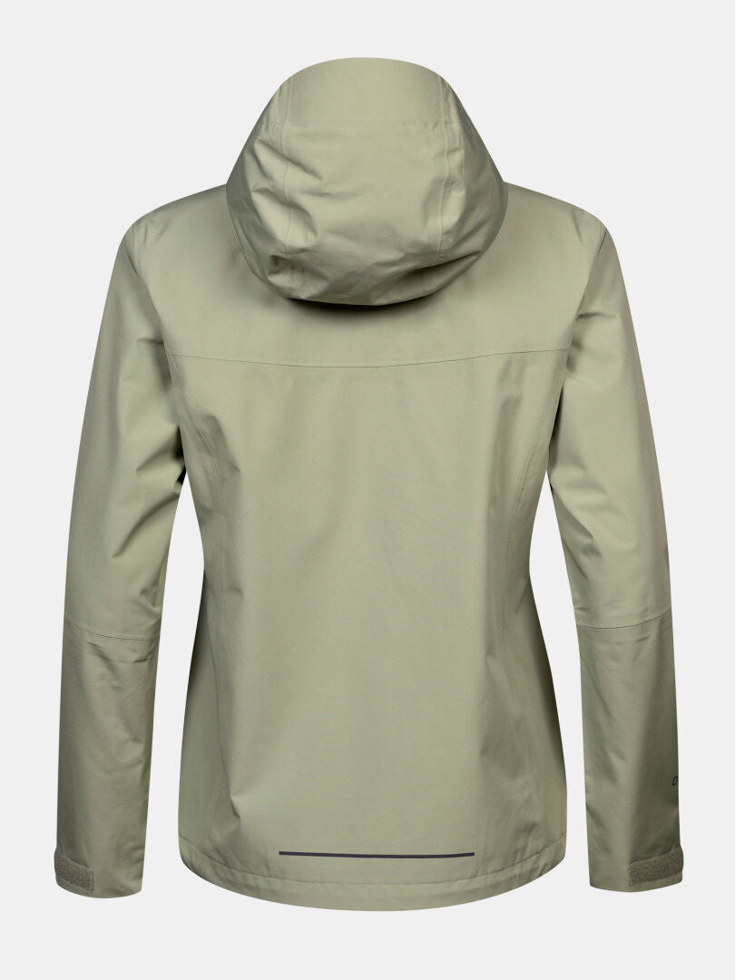 Hellgraue Halti Forter DX Damen-Regenjacke, von hinten gezeigt, mit langen Ärmeln und geradem Saum vor einfarbigem Hintergrund.