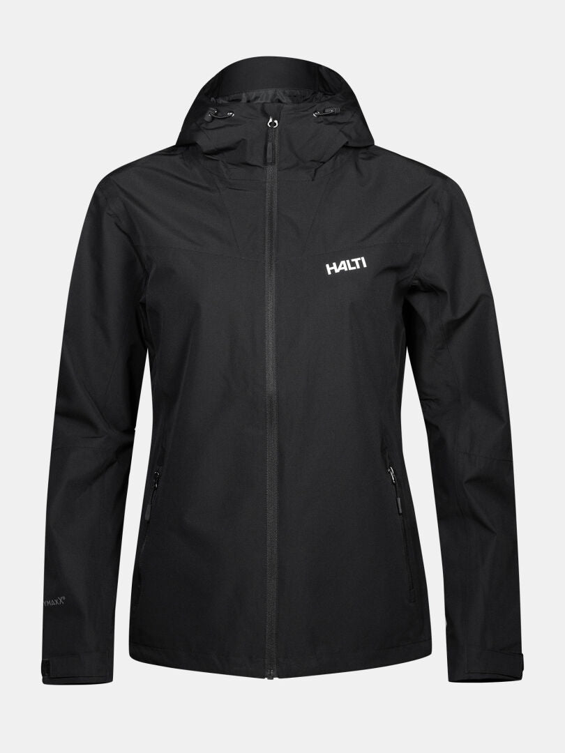 Eine schwarze Halti Forter DX Regenjacke für Damen mit einem Reißverschluss vorne, zwei Seitentaschen und dem Aufdruck „HALTI“ auf der Brust.