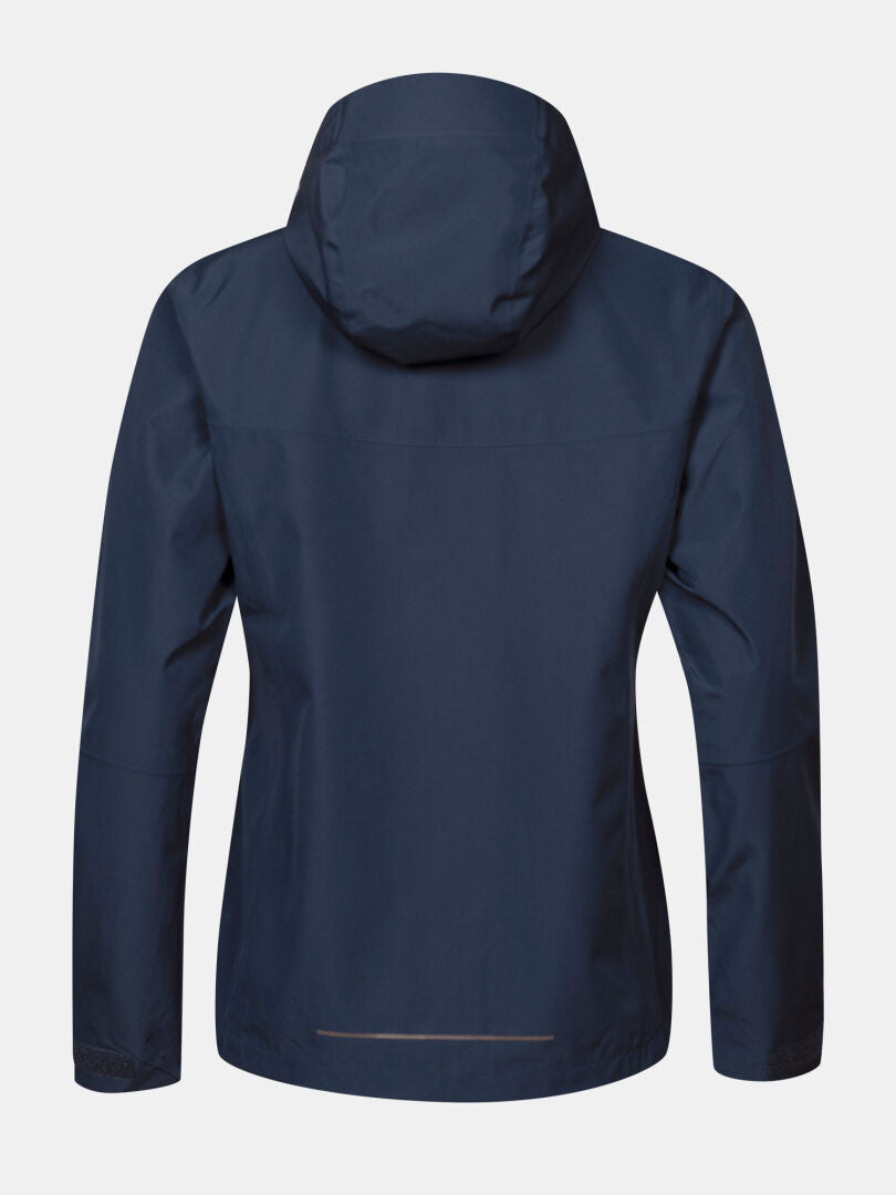 Rückansicht der Halti Forter DX Regenjacke für Damen, marineblau, wasserdicht, für den Outdoor-Einsatz, abgebildet auf weißem Hintergrund.
