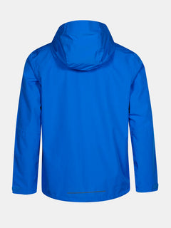 Die Halti Forter DX Regenjacke Herren in leuchtendem Blau wird von hinten auf einem schlichten weißen Hintergrund dargestellt.