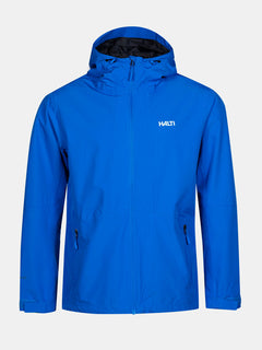 Leuchtend blaue Halti Forter DX Regenjacke Herren mit Frontzipper, zwei Taschen - ideal fürs Wandern bei jedem Wetter.
