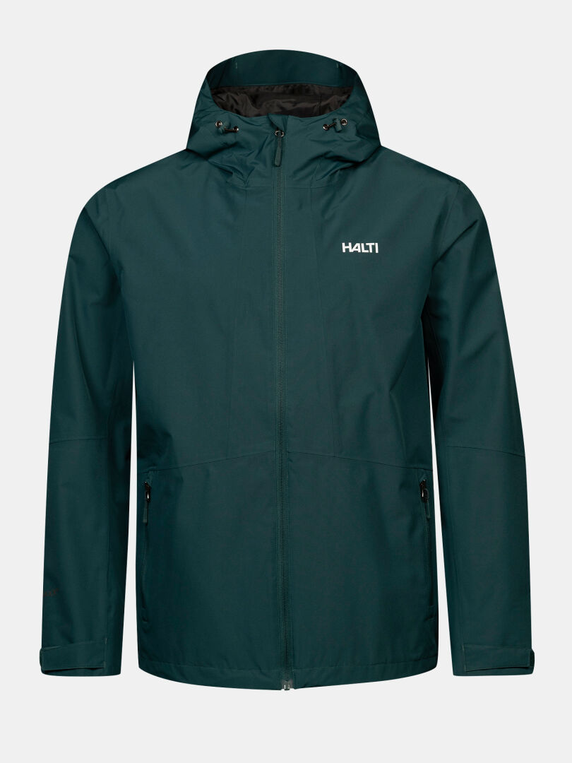 Dunkelgrüne Halti Forter DX Regenjacke für Herren mit Kapuze und Reißverschlusstaschen – ideal für Outdoor-Aktivitäten.