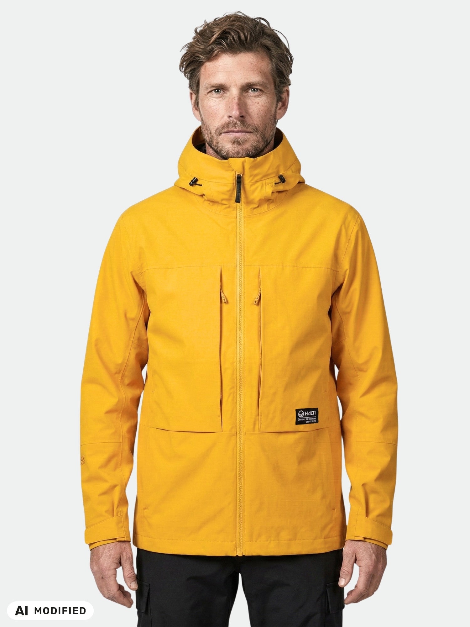Ein Mann trägt eine leuchtend gelbe Halti Hiker II DrymaxX Regenjacke für Herren und blickt vor einem weißen Hintergrund nach vorne.