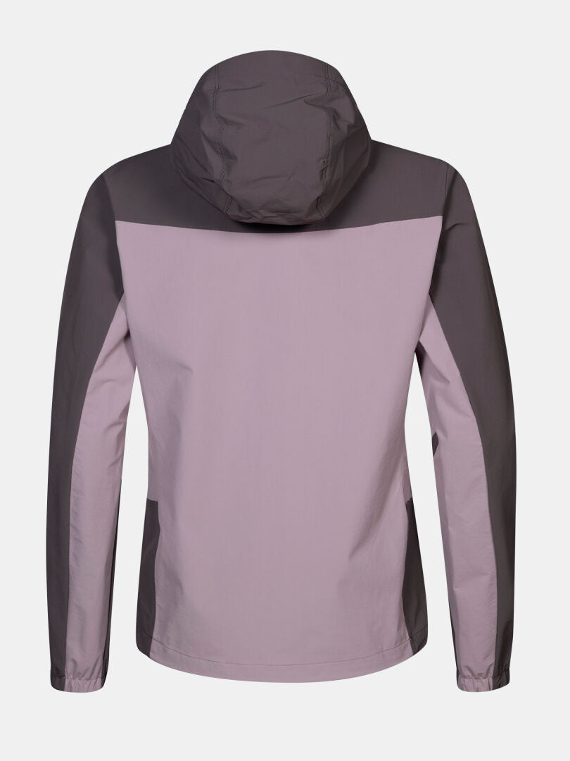 Rückenansicht der Halti Pallas Evo X-stretch-Jacke Damen in hellviolett/dunkelgrau, abgebildet auf weißem Hintergrund.