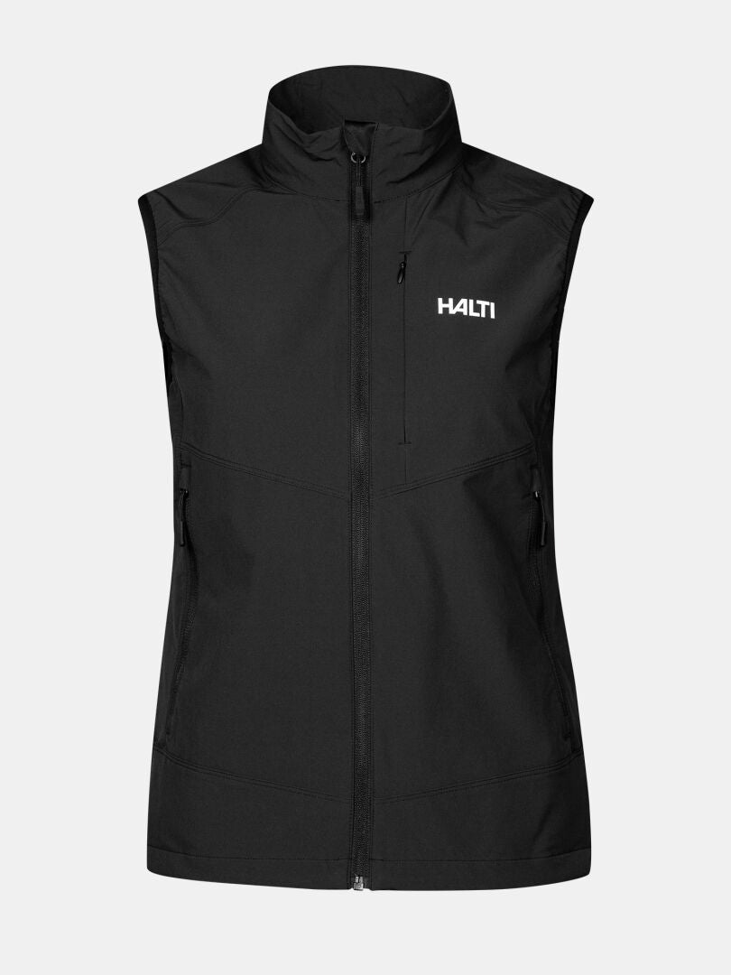 Die Halti Pallas Evo X-stretch Damen Weste ist eine schwarze, atmungsaktive Weste mit hohem Kragen und Logo auf der linken Brust.