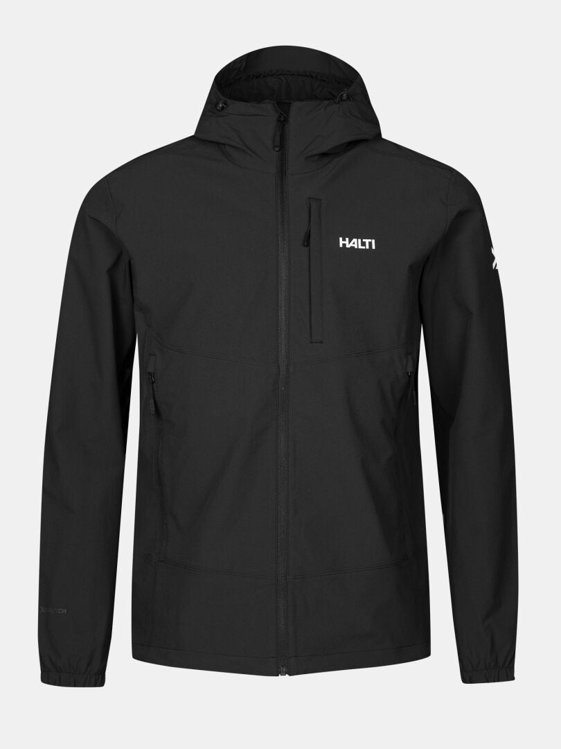 Die Halti Pallas Evo X-stretch Jacke Herren ist schwarz, hat eine Kapuze, einen Reißverschluss, 2 Taschen und ein Halti-Logo auf der Brust.