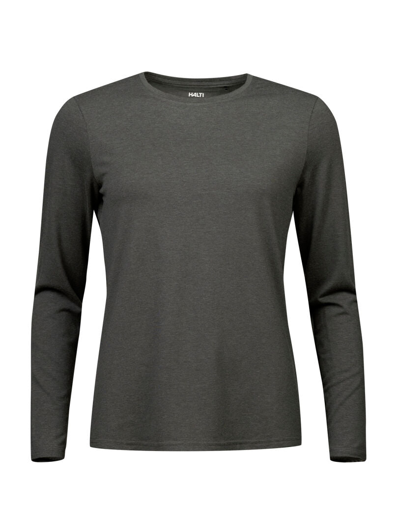 Das Halti Tuntu II Longsleeve Merinoshirt Damen in dunkelgrau ist auf einem weißen Hintergrund abgebildet.