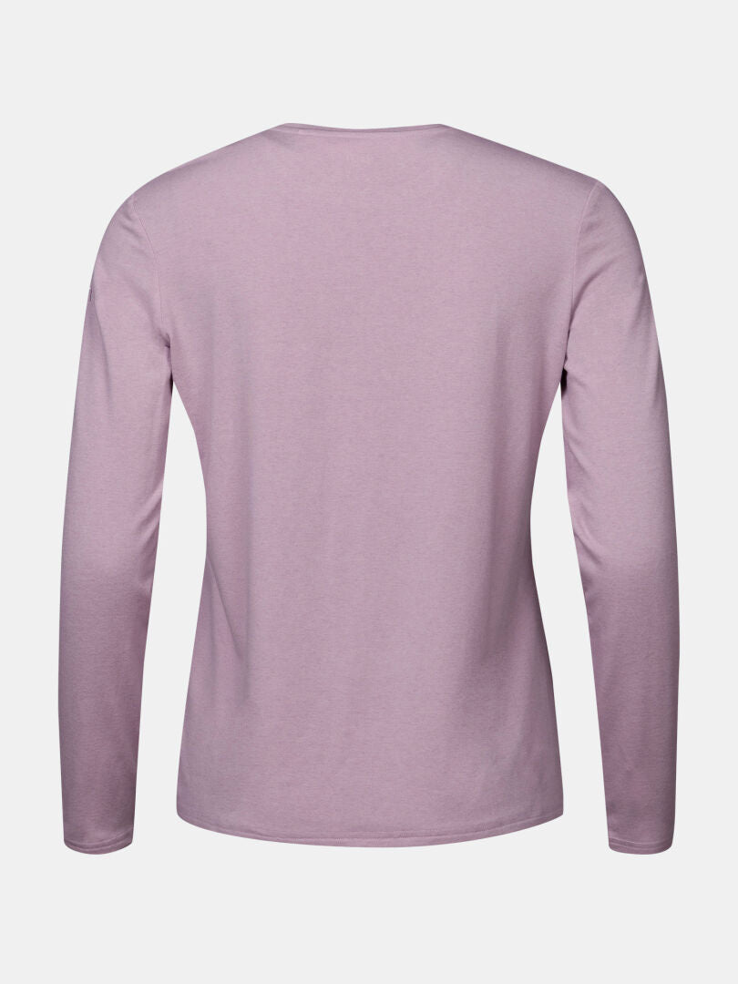 Das Halti Tuntu II Merinoshirt Damen in hellviolett, ideal für den Einsatz im Freien, von hinten auf weiß abgebildet.