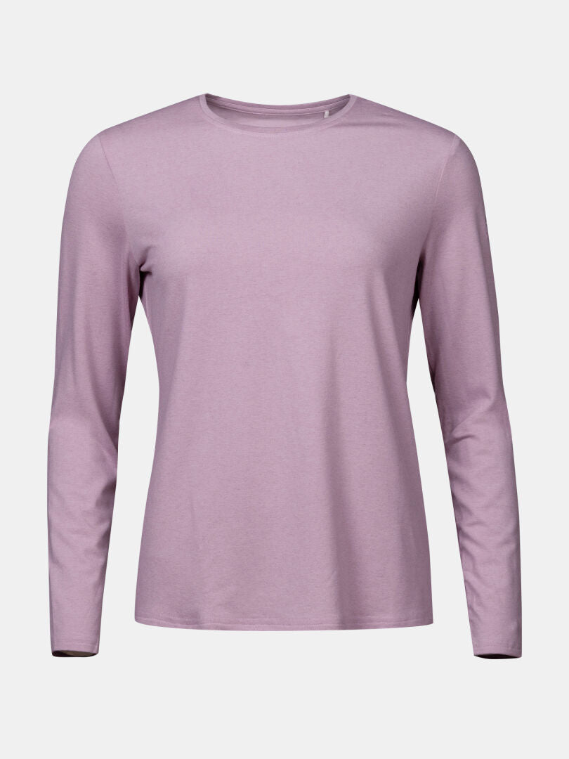 Das Halti Tuntu II Merinoshirt Damen in lavendel ist ein Langarmshirt mit Rundhalsausschnitt für Outdoor-Aktivitäten.