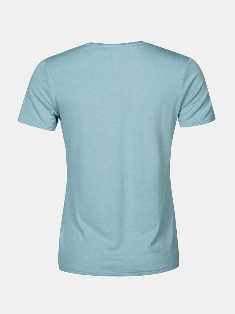 Das Halti Tuntu II Merinoshirt Damen, hellblau kurzärmelig, von hinten auf weißem Grund abgebildet.