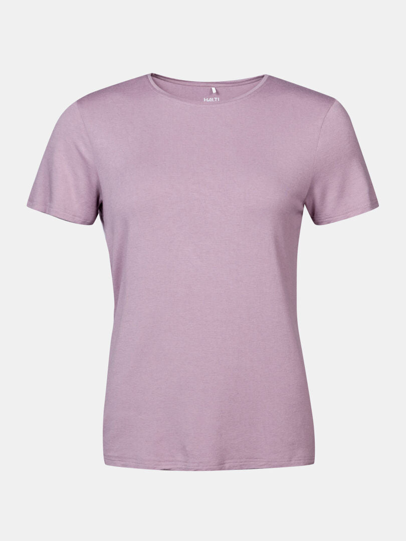 Ein hellviolettes, kurzärmliges Halti Tuntu II Merinoshirt Damen auf weißem Hintergrund.