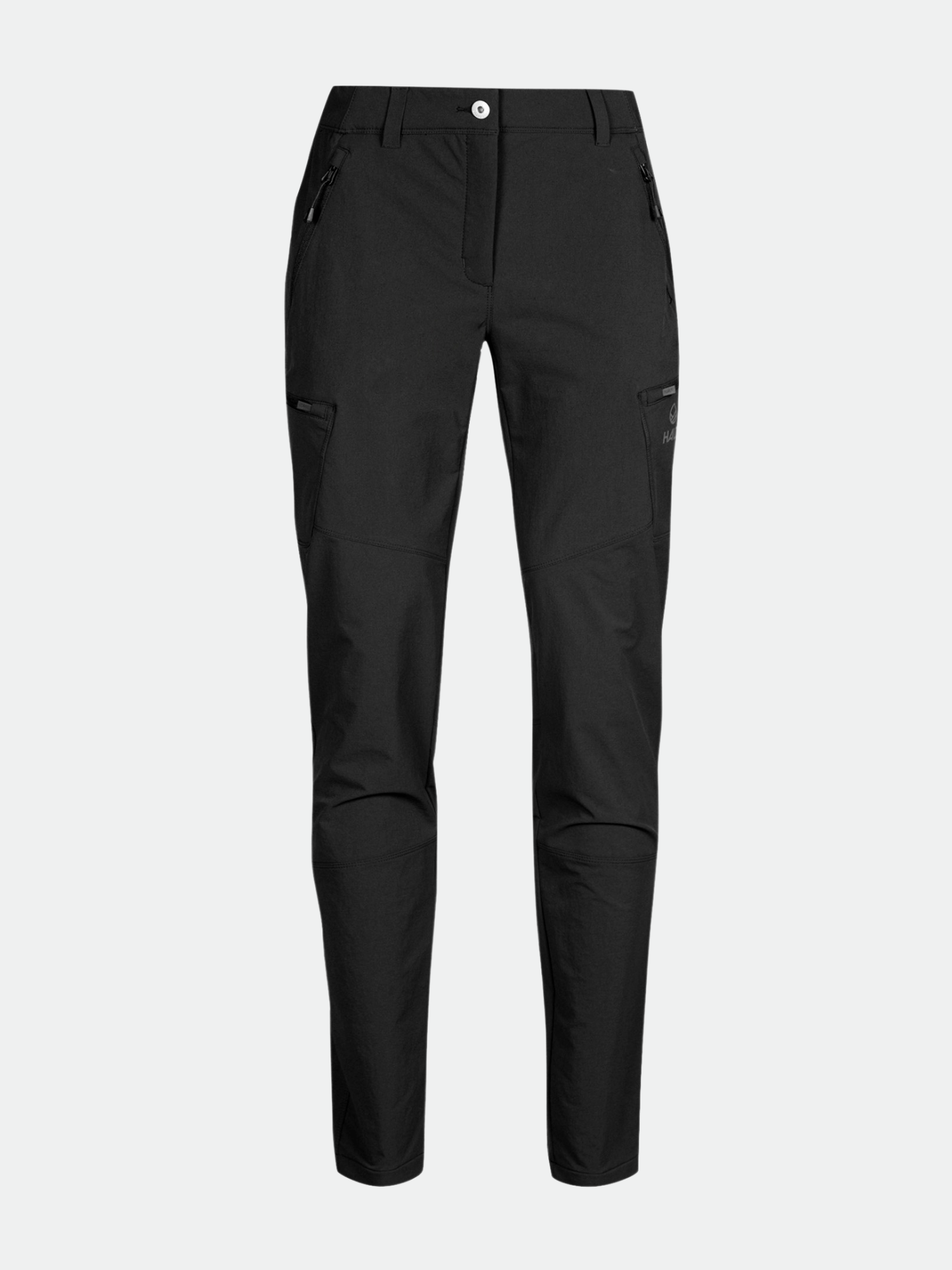 Halti Pallas Evo Brushed X-stretch Hosen Damen mit Reißverschlusstaschen und Knopfverschluss, abgebildet auf hellgrauem Hintergrund.