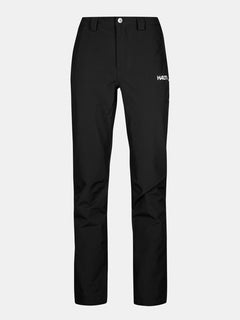 Schwarze Halti Leisti II Short DX Regenhose Damen mit geradem Bein, Knopfverschluss, Gürtelschlaufen und Logo auf einfarbigem Grund.