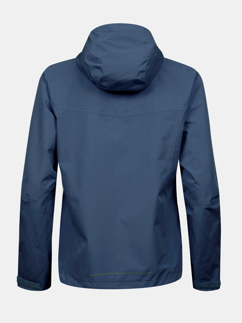 Rückansicht einer marineblauen Halti Forter DX Warm Regenjacke Damen – Outdoor-Jacke mit Kapuze.