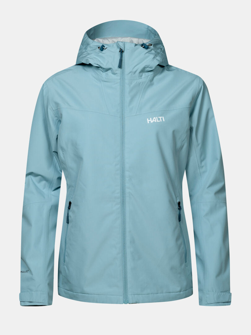 Halti Forter DX Warm Regenjacke Damen – hellblaue Regenjacke mit Kapuze, durchgehendem Reißverschluss, zwei Taschen und winddichtem Design.
