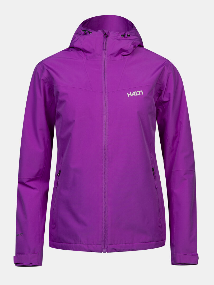 Purple Halti Forter DX Warm Regenjacke für Damen – winddichte Regenjacke mit Kapuze, Frontreißverschluss und Seitentaschen.